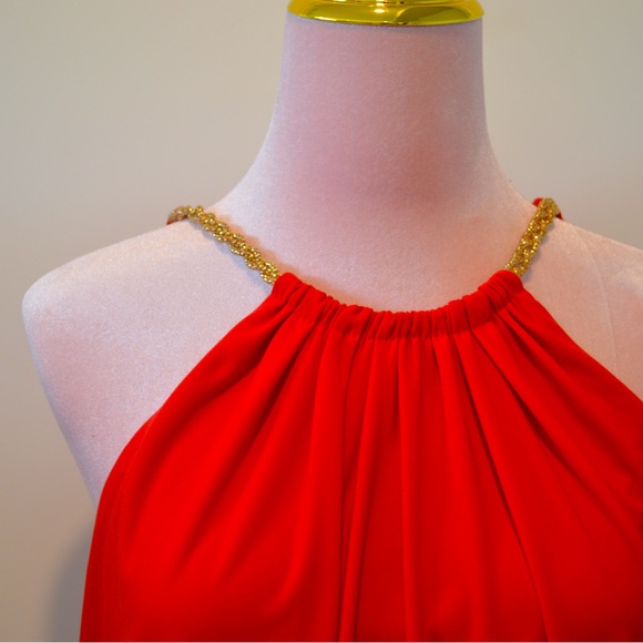 Red Cache Dress with Gold Chain Halter Neck - Picture 6 of 10